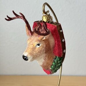 Deer Glass Christmas Ornament Flocked Glitter Mounted Buck 2012 Made In Germany
